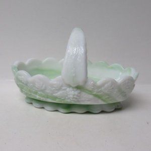 Westmoreland Milk Glass Green Slag Paneled Grape 6 1/2 In Split Handled Basket